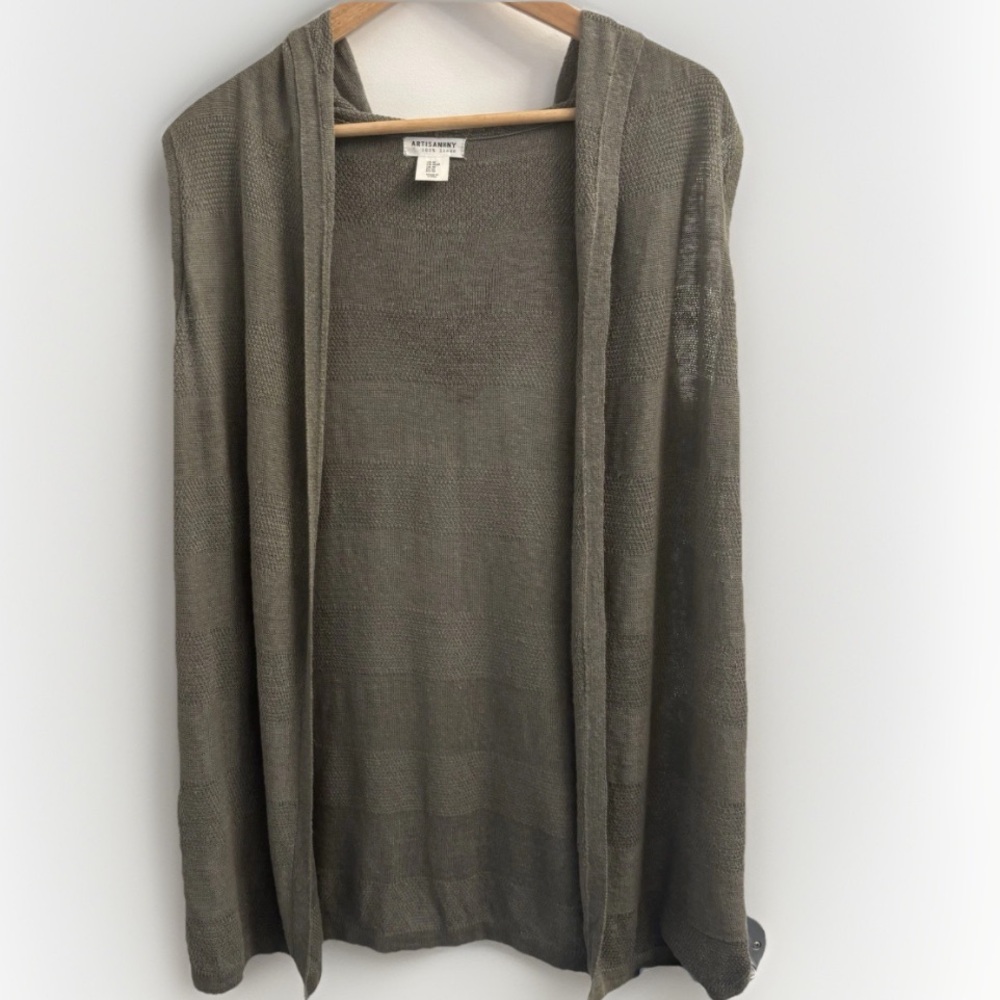 ARTISAN NY Women's Medium 100% Linen Olive‎ Green Sleeveless Open Front Cardigan